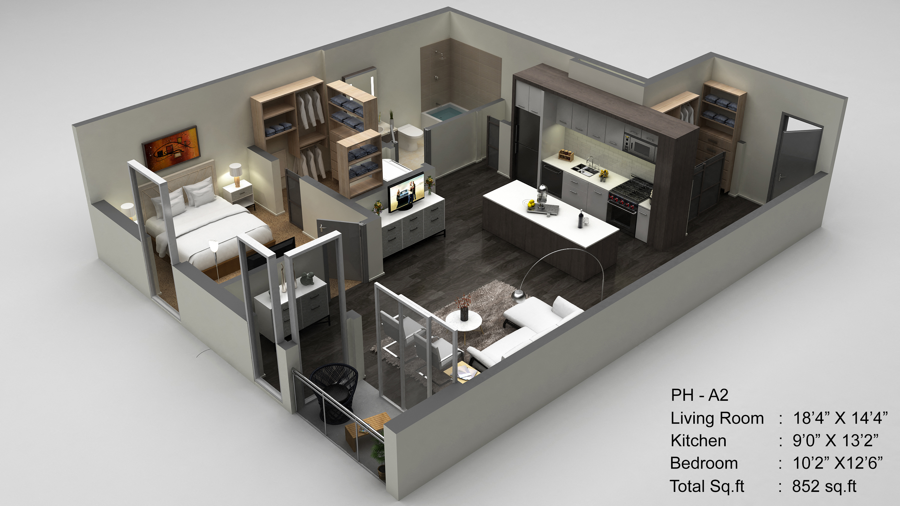 Floor plan for 1 bed, 1 bath, 852 sqft
